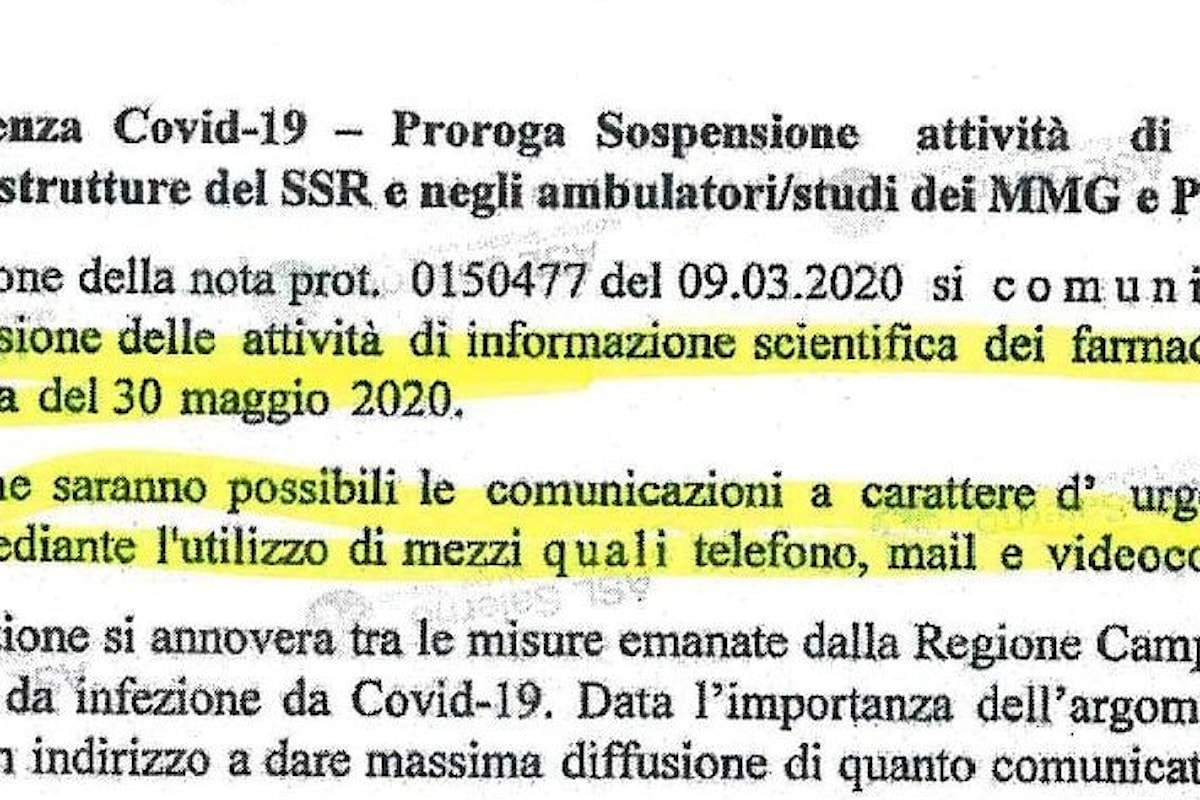 Covid-19: prorogata fino al 30 Maggio dalla regione Campania la sospensione dell’informazione farmaceutica agli studi medici