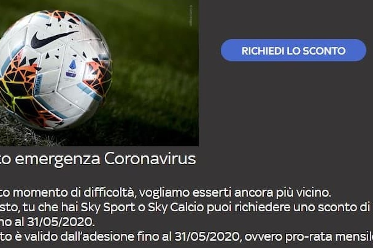 Coronavirus: come richiedere lo sconto a Sky per i pacchetti Calcio e Sport