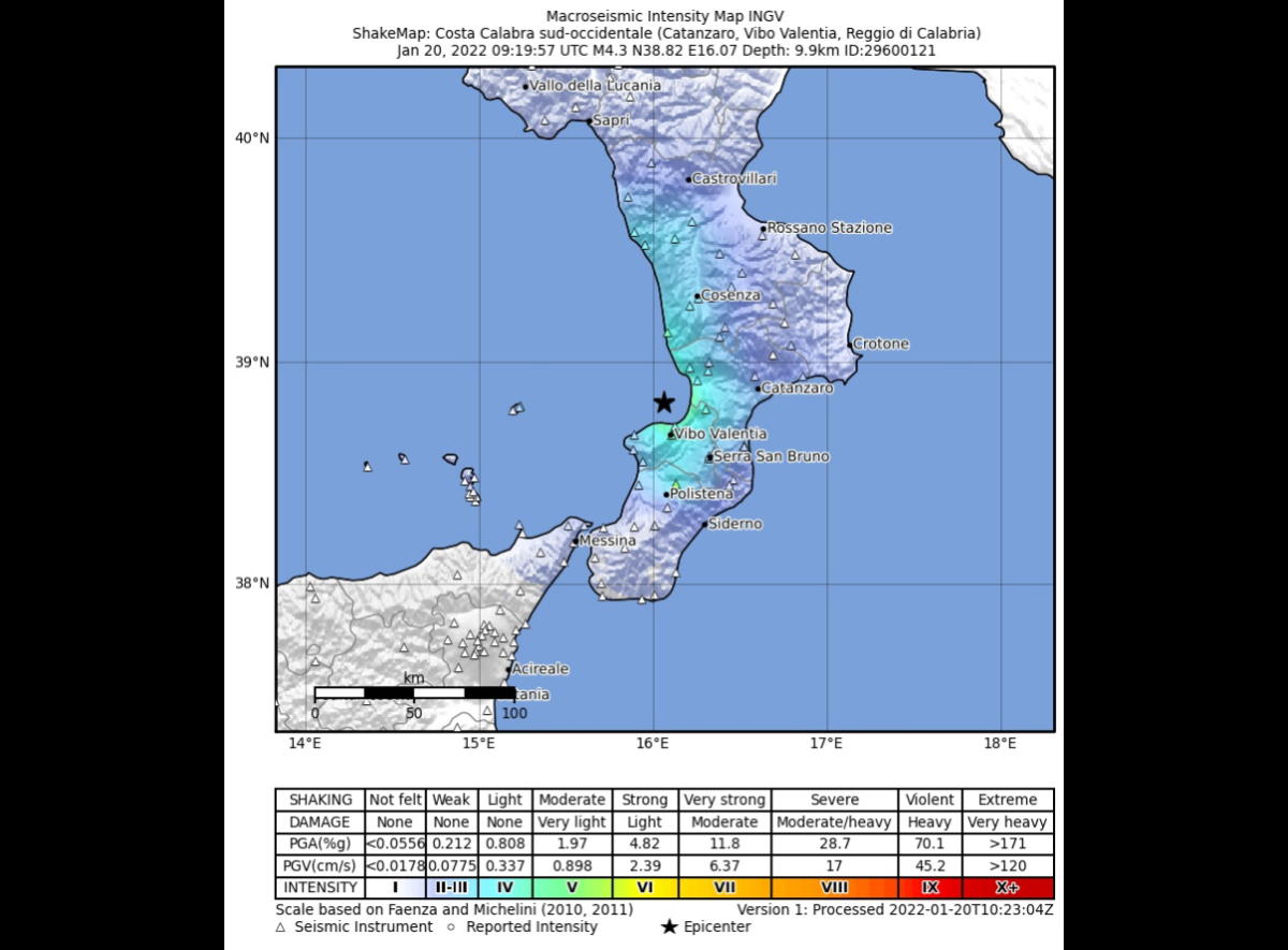 In Calabria scossa di terremoto di magnitudo 4.3 nel tratto di mare tra Lamezia e Vibo