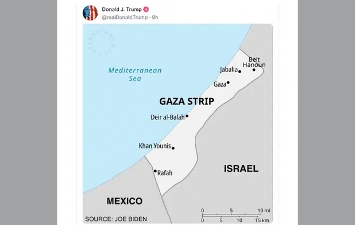 Trump quiso resaltar un nuevo mapa mundial dibujado por Biden que limita con México y Gaza