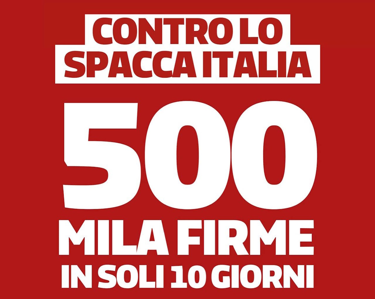 La campagna per il referendum per l'abrogazione dell'autonomia differenziata ha superato la soglia minima delle 500mila firme