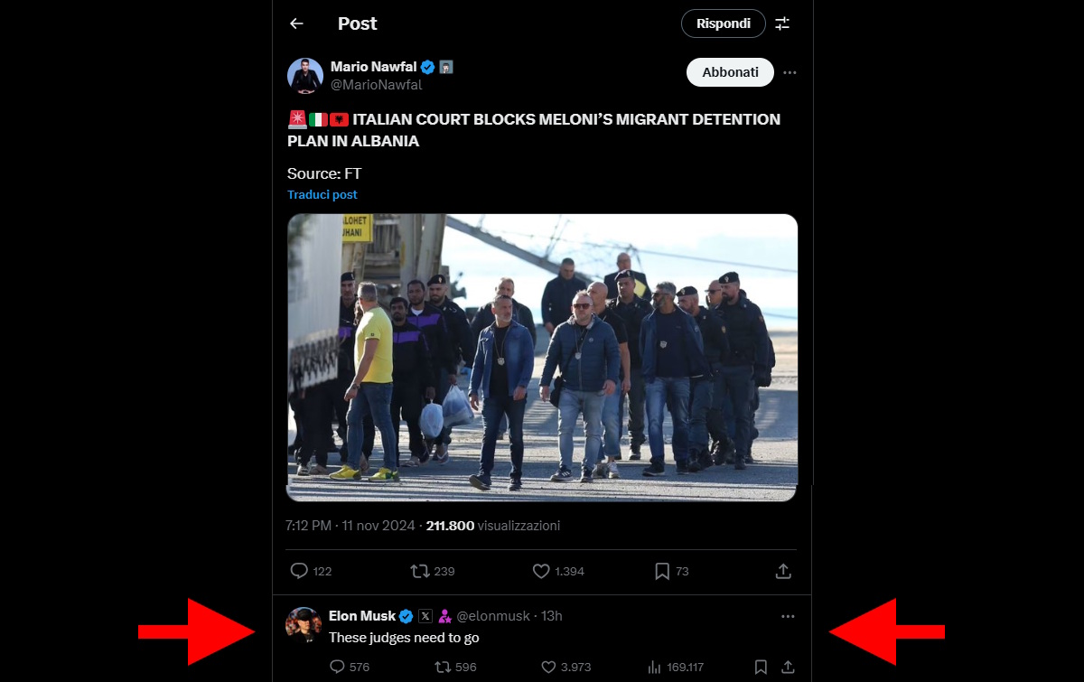 Musk all'Italia sul caso Albania: Questi giudici se ne devono andare