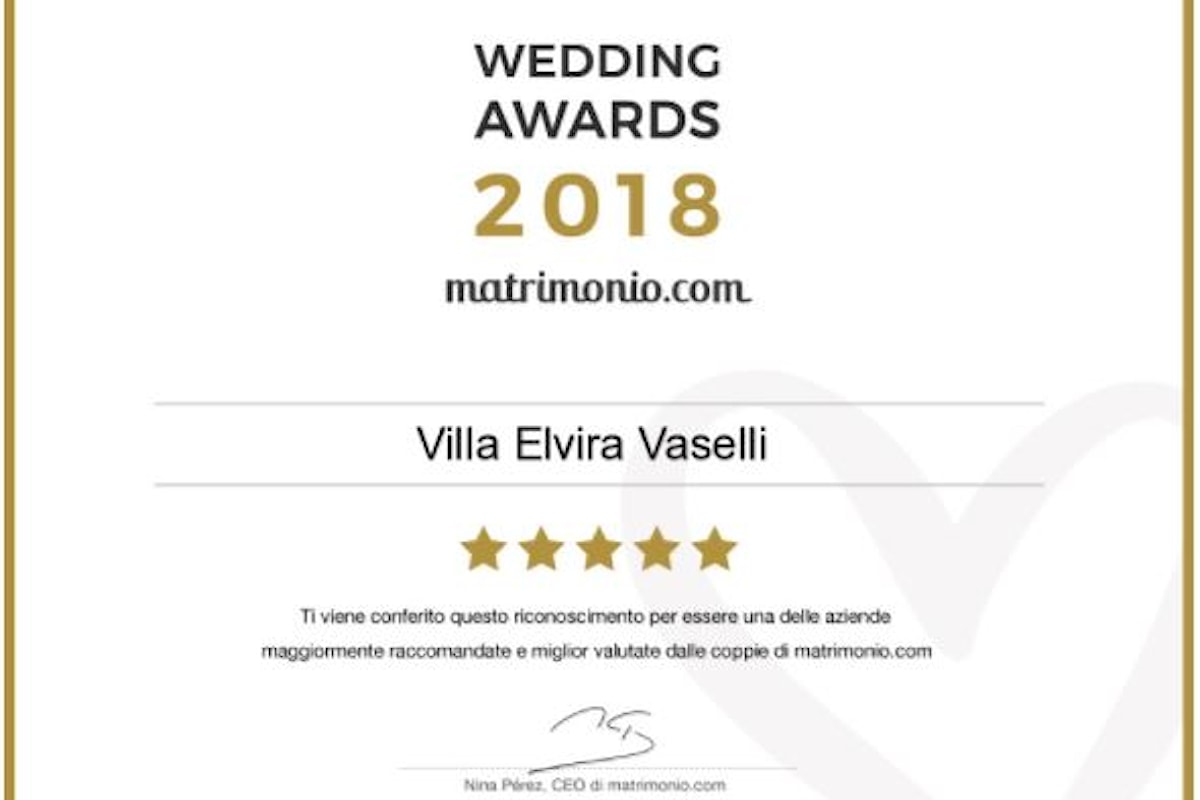 Wedding Awards 2018: Villa Elvira Vaselli riceve il premio più prestigioso del settore